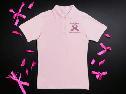 Women Polo Breast Cancer Shirt-Faith, Hope, Love