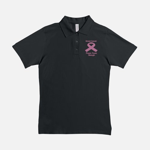 Women Polo Breast Cancer Shirt- Prayer, Power, Strength