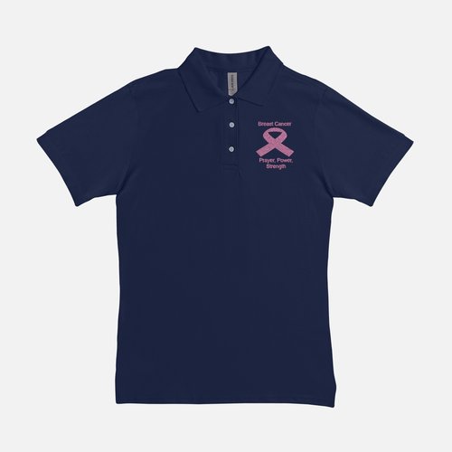 Women Polo Breast Cancer Shirt- Prayer, Power, Strength