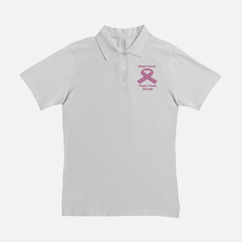 Women Polo Breast Cancer Shirt- Prayer, Power, Strength